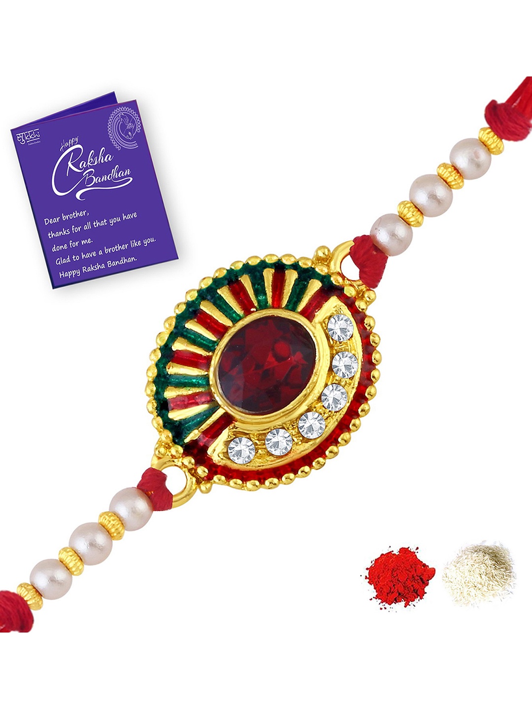 

Sukkhi Rakhi Men Gold-Plated Red Meenakari Rakhi With Roli Chawal & Raksha Bandhan Greeting Card