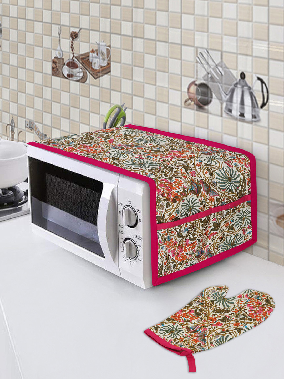 

Rajasthan Decor Pink & Green Floral Printed Cotton Quilted Microwave Cover
