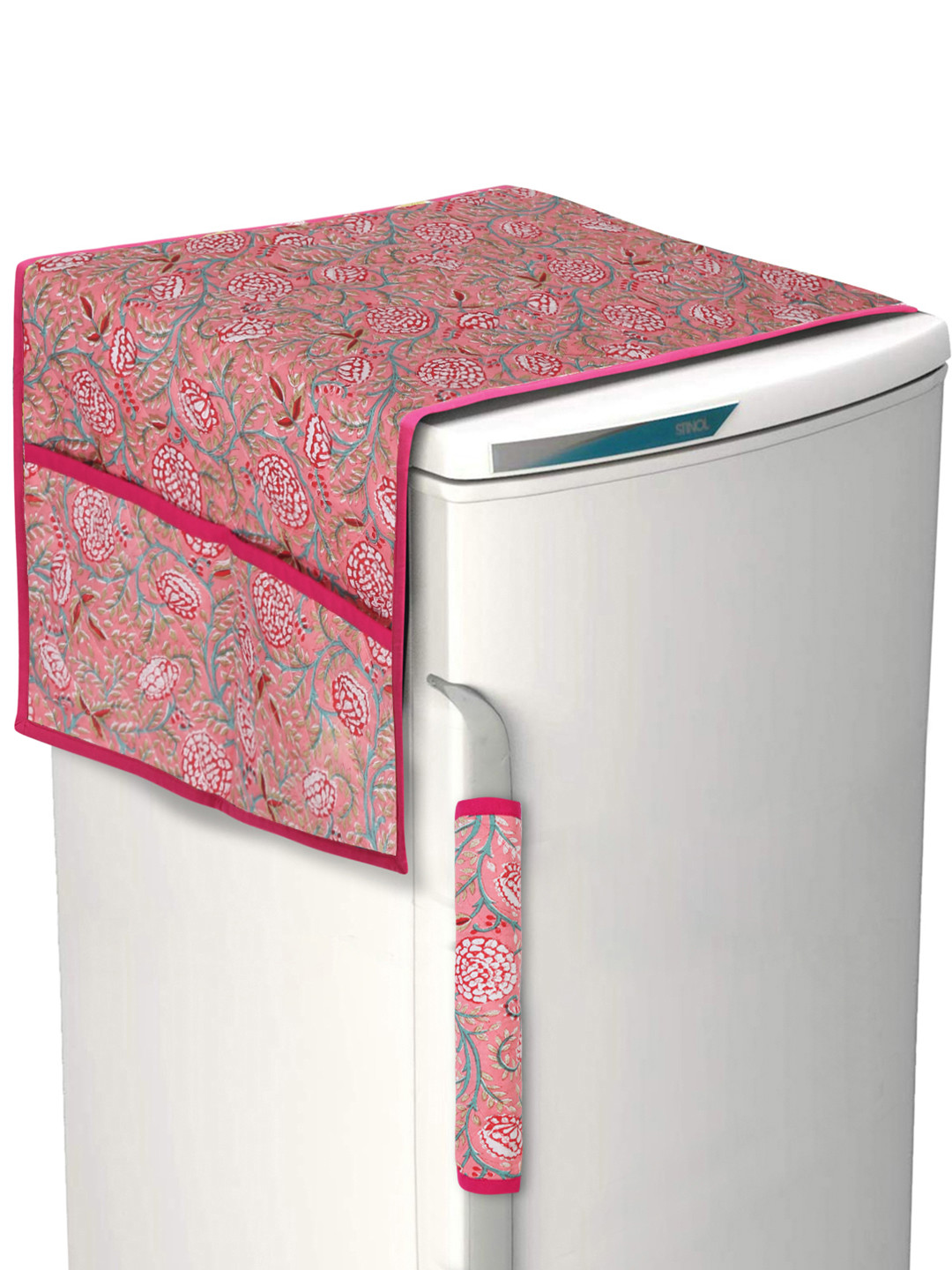 

Rajasthan Decor Peach-Coloured & Red Floral Jaipuri Printed Quilted Cotton Refrigerator Cover