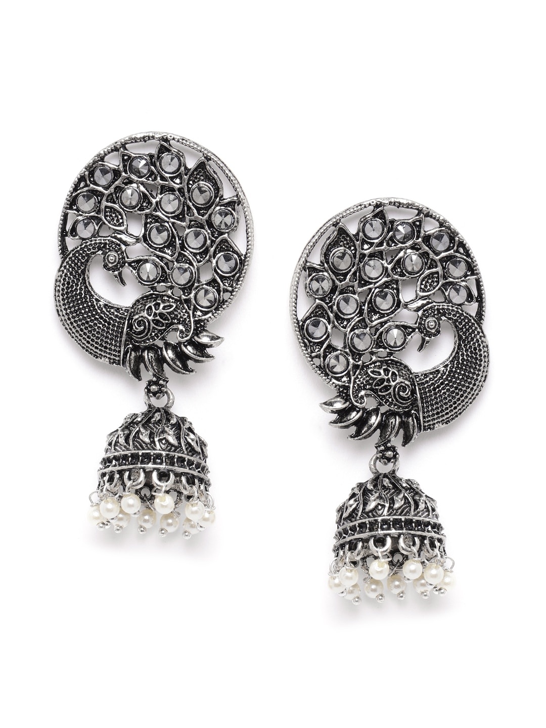 

Anouk Oxidised Silver-Plated Stone-Studded & Beaded Peacock & Dome Shaped Jhumkas