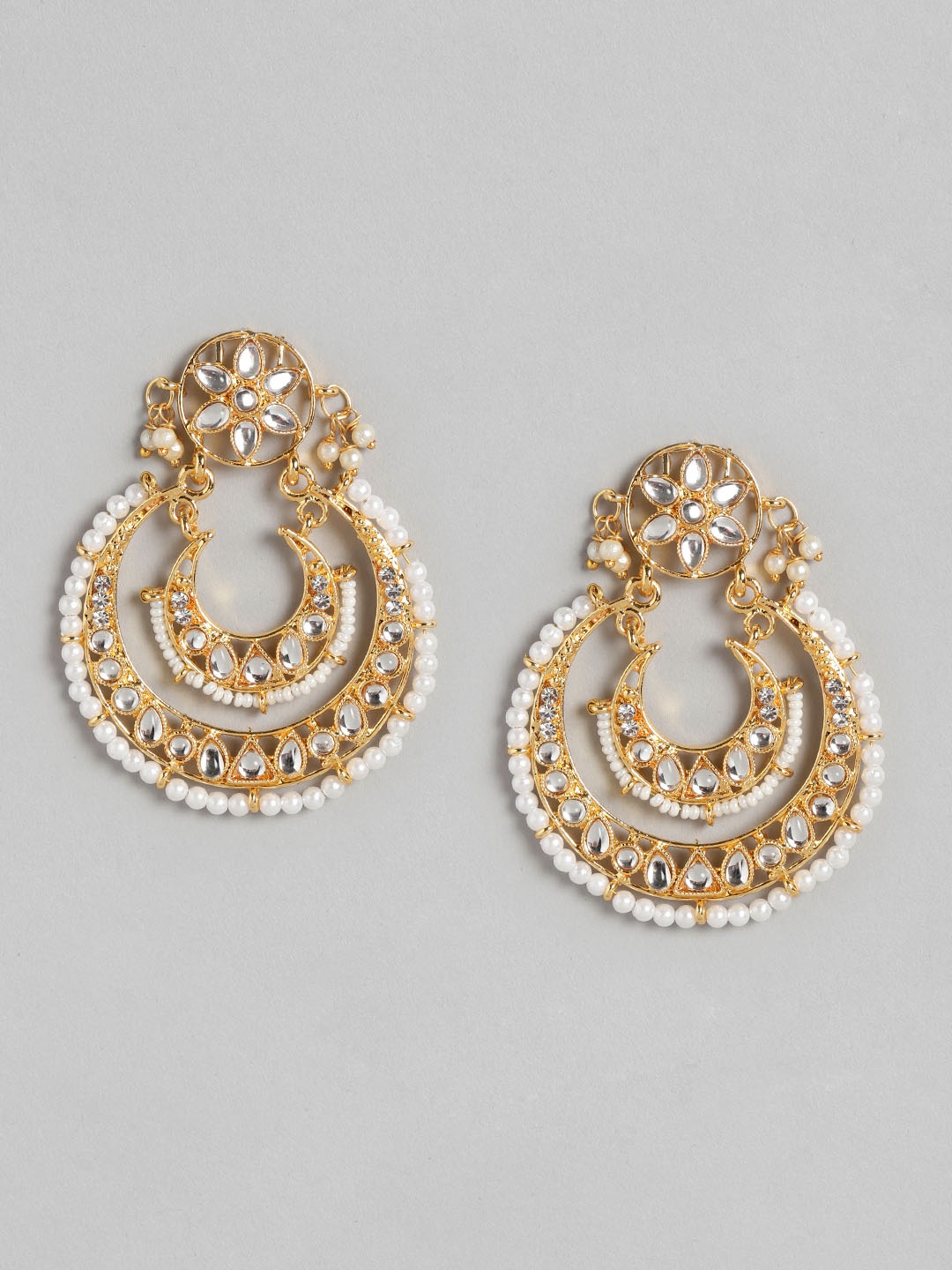 

Anouk White Gold-Plated Stone-Studded & Beaded Crescent Shaped Chandbalis