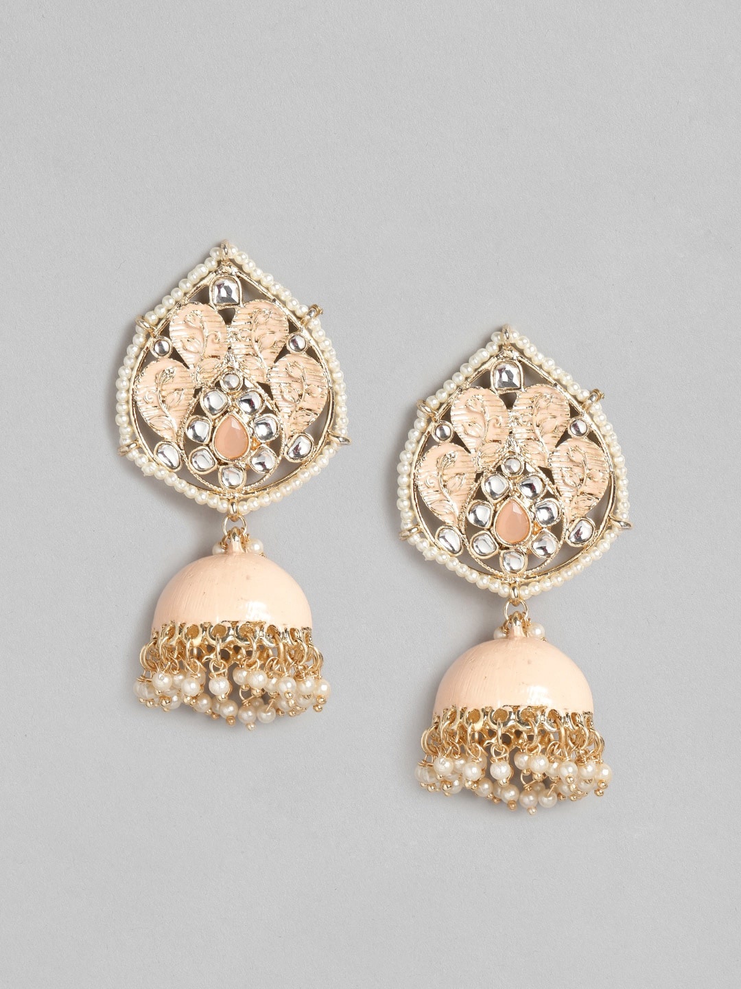 

Anouk Peach-Coloured Gold-Plated Stone-Studded & Beaded Enamelled Dome Shaped Jhumkas