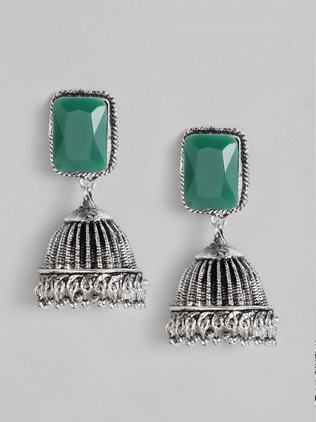 

Anouk Green Oxidised Silver-Plated Stone-Studded Dome Shaped Jhumkas
