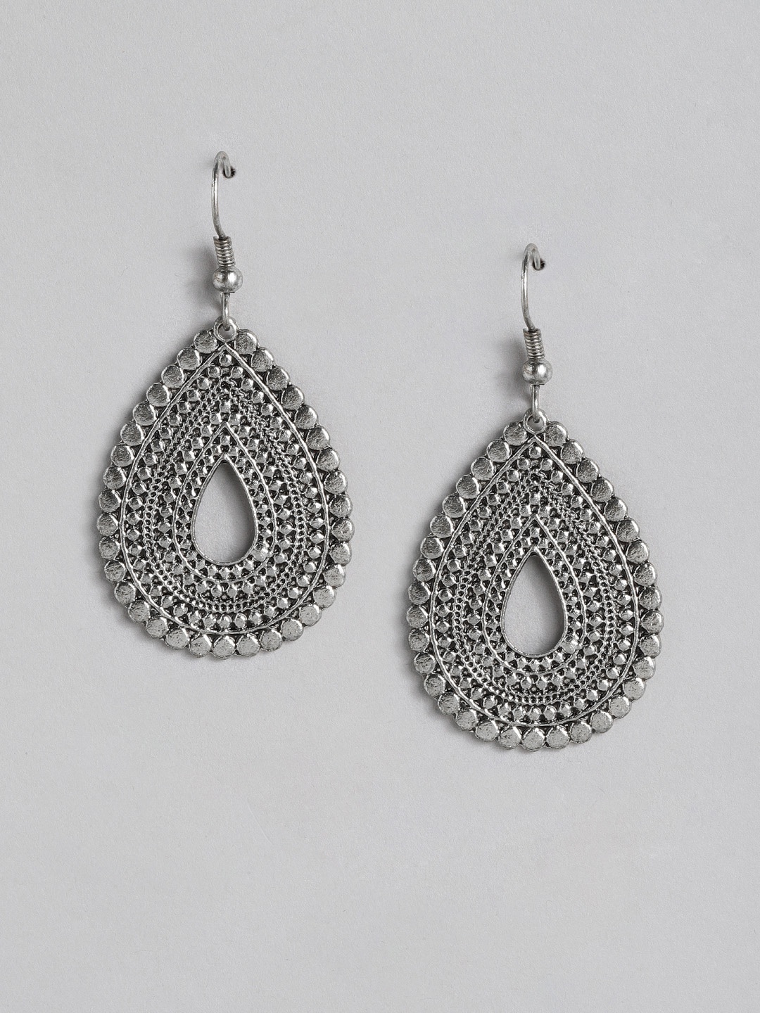 

Anouk Oxidised Silver-Plated Textured Teardrop Shaped Drop Earrings