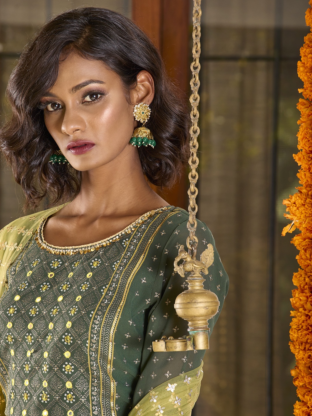 

Anouk Green Antique Gold-Plated Textured Beaded & Stone-Studded Dome Shaped Jhumkas