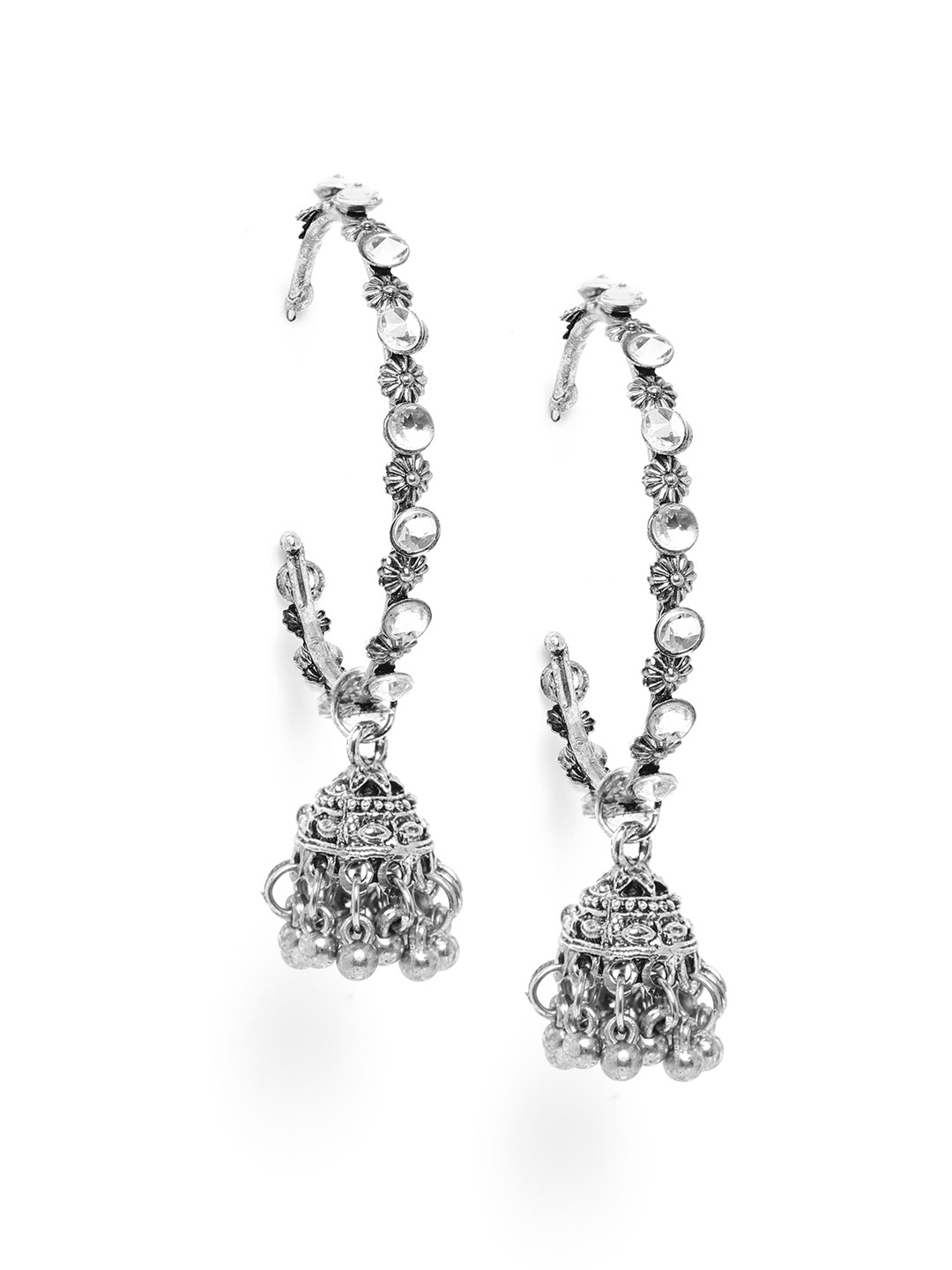 

Anouk Oxidised Silver-Plated Stone-Studded Half Hoop Earrings with Dome Shaped Danglers
