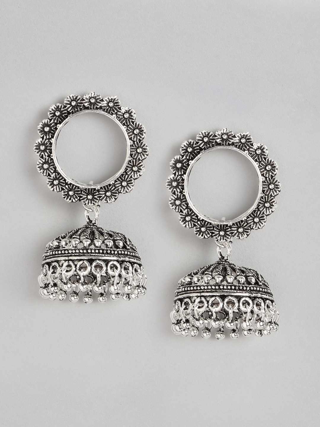 

Anouk Oxidised Silver-Plated Textured Circular & Dome Shaped Jhumkas