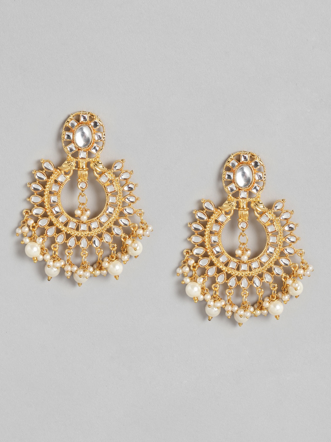 

Anouk Off-White Gold-Plated Stone-Studded & Beaded Crescent Shaped Chandbalis