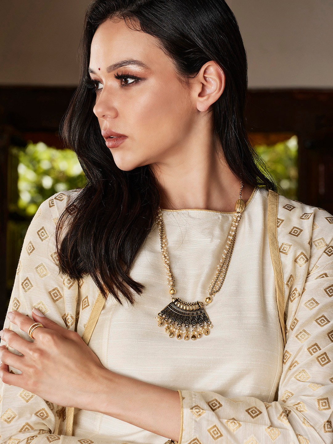 

Anouk Antique Gold-Toned & Off-White Multistranded Beaded Tribal Necklace
