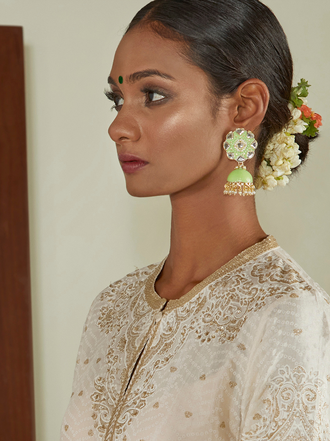 

Anouk Green Gold-Plated Enamelled Stone-Studded & Beaded Dome Shaped Jhumkas