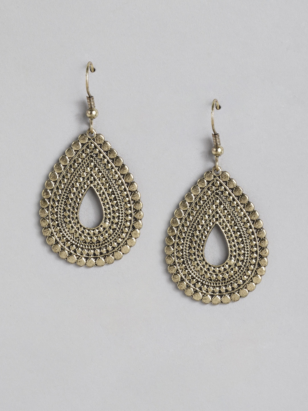 

Anouk Antique Gold-Plated Textured Teardrop Shaped Drop Earrings
