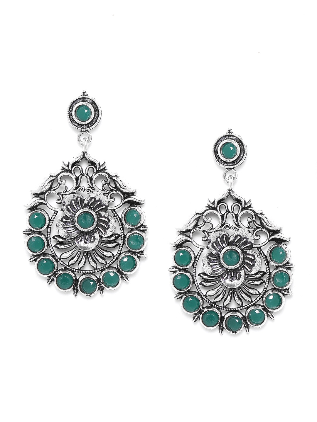 

Anouk Green Oxidised Silver-Plated Stone-Studded Floral Drop Earrings