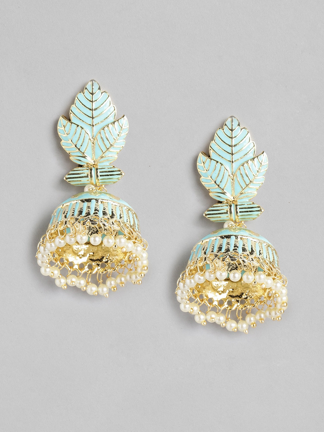 

Anouk Blue Gold-Plated Stone-studded Beaded Enamelled Dome Shaped Jhumkas