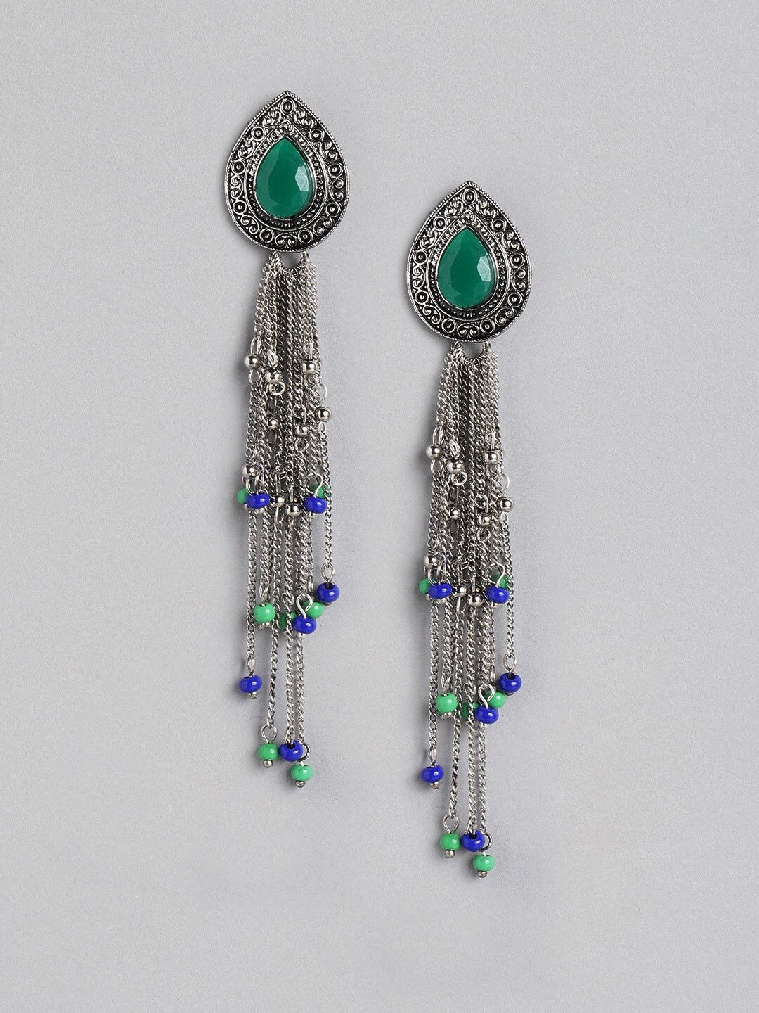 

Anouk Green & Blue Oxidised Silver-Plated Tasselled Teardrop Shaped Drop Earrings