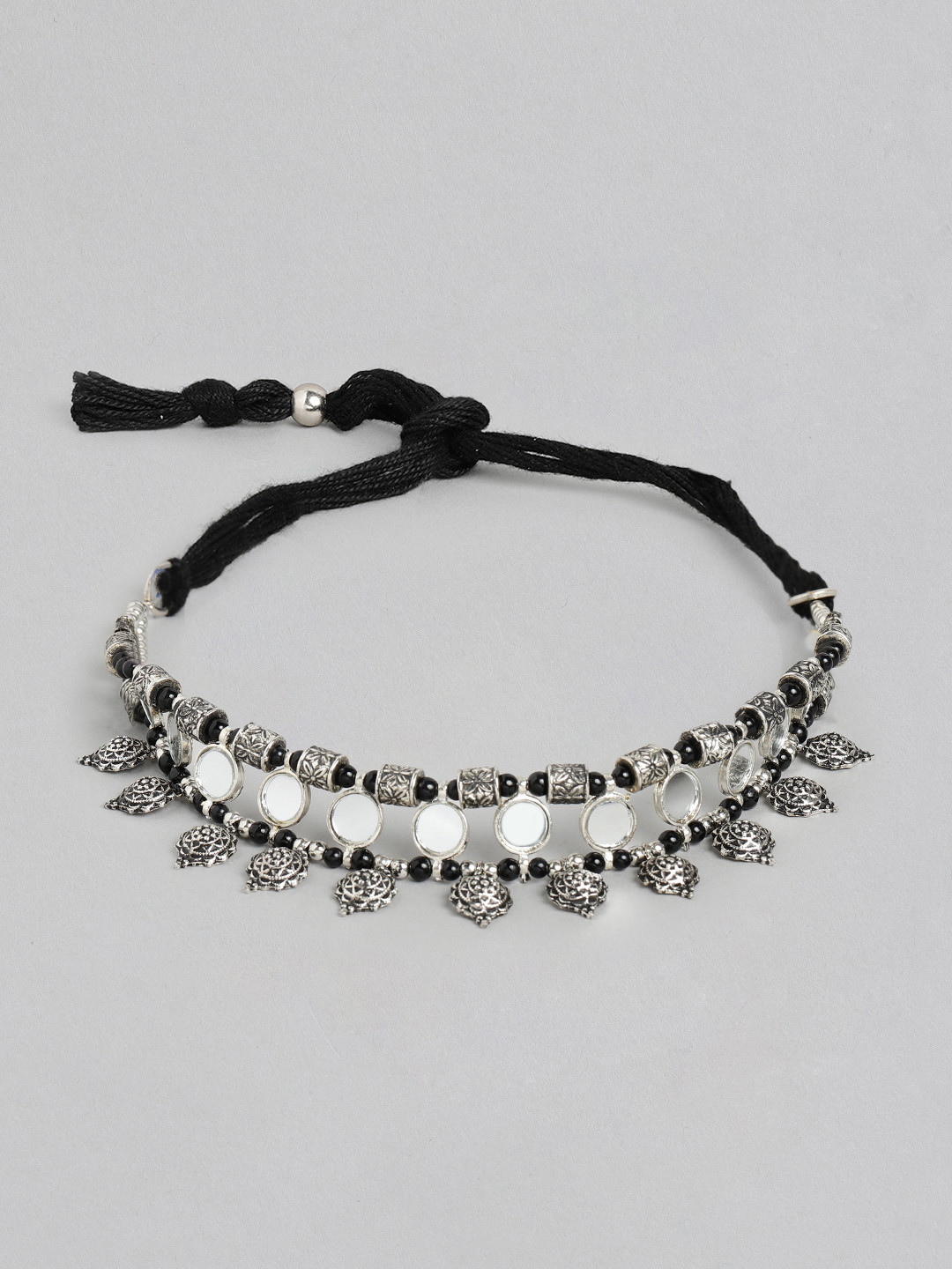 

Anouk Oxidised Silver-Toned & Black Beaded Mirror Choker Necklace