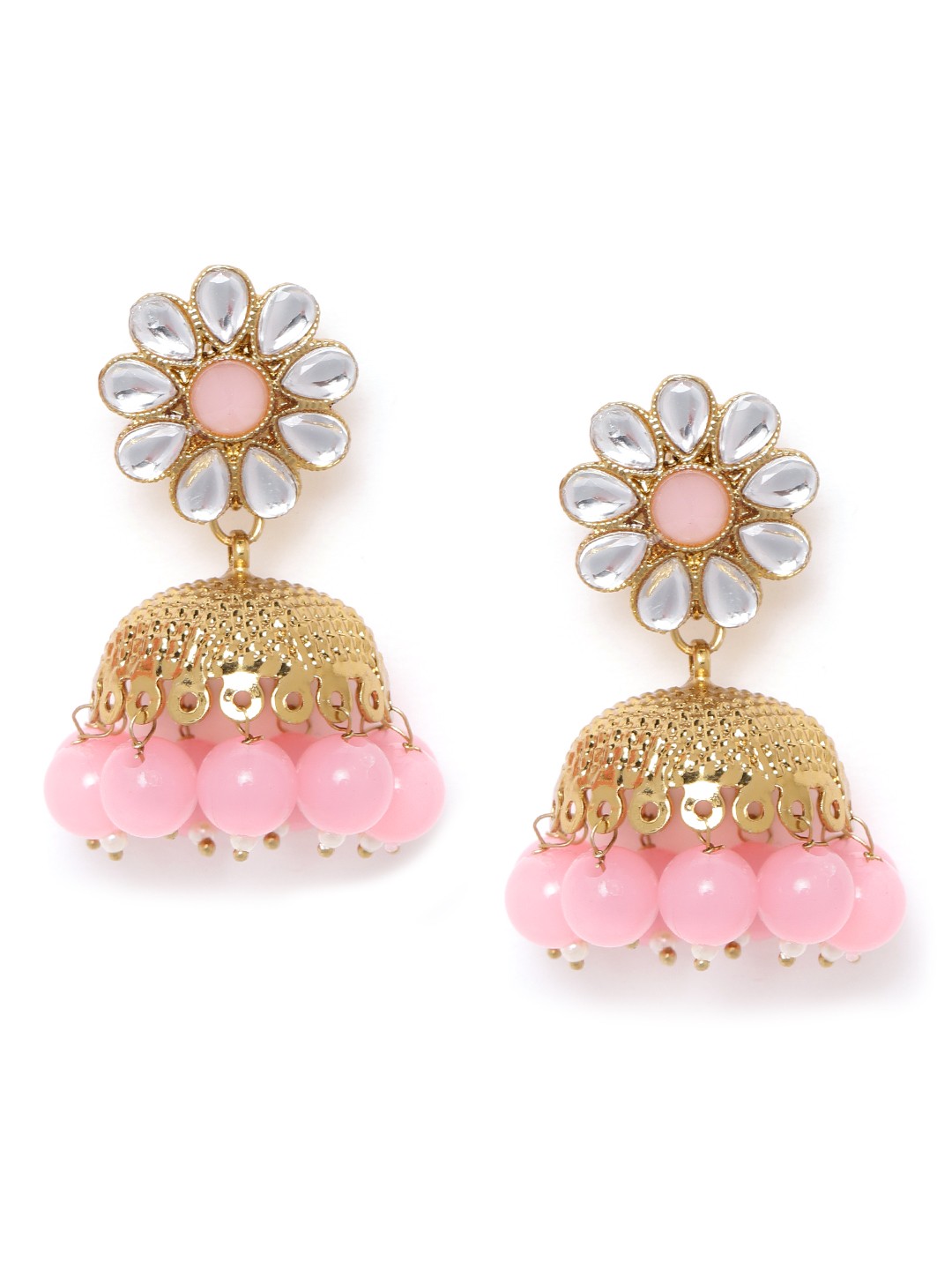 

Anouk Pink Antique Gold-Plated Textured Beaded & Stone-Studded Dome Shaped Jhumkas