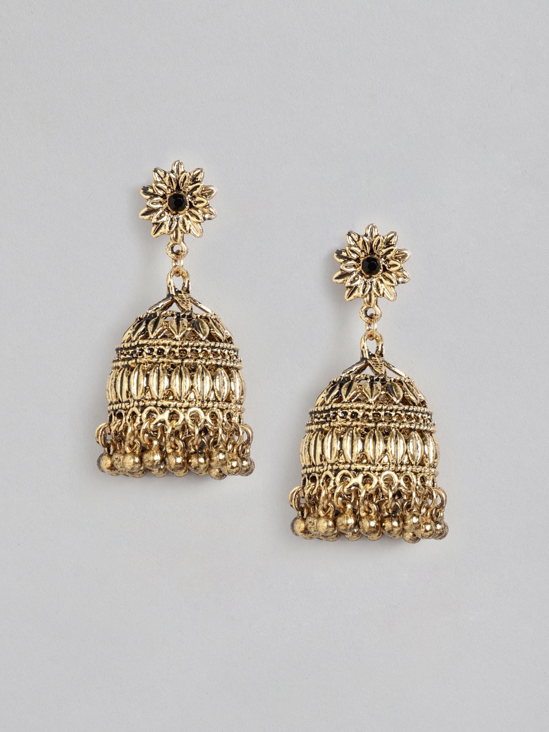 

Anouk Black Antique Gold-Plated Stone-Studded Dome Shaped Jhumkas