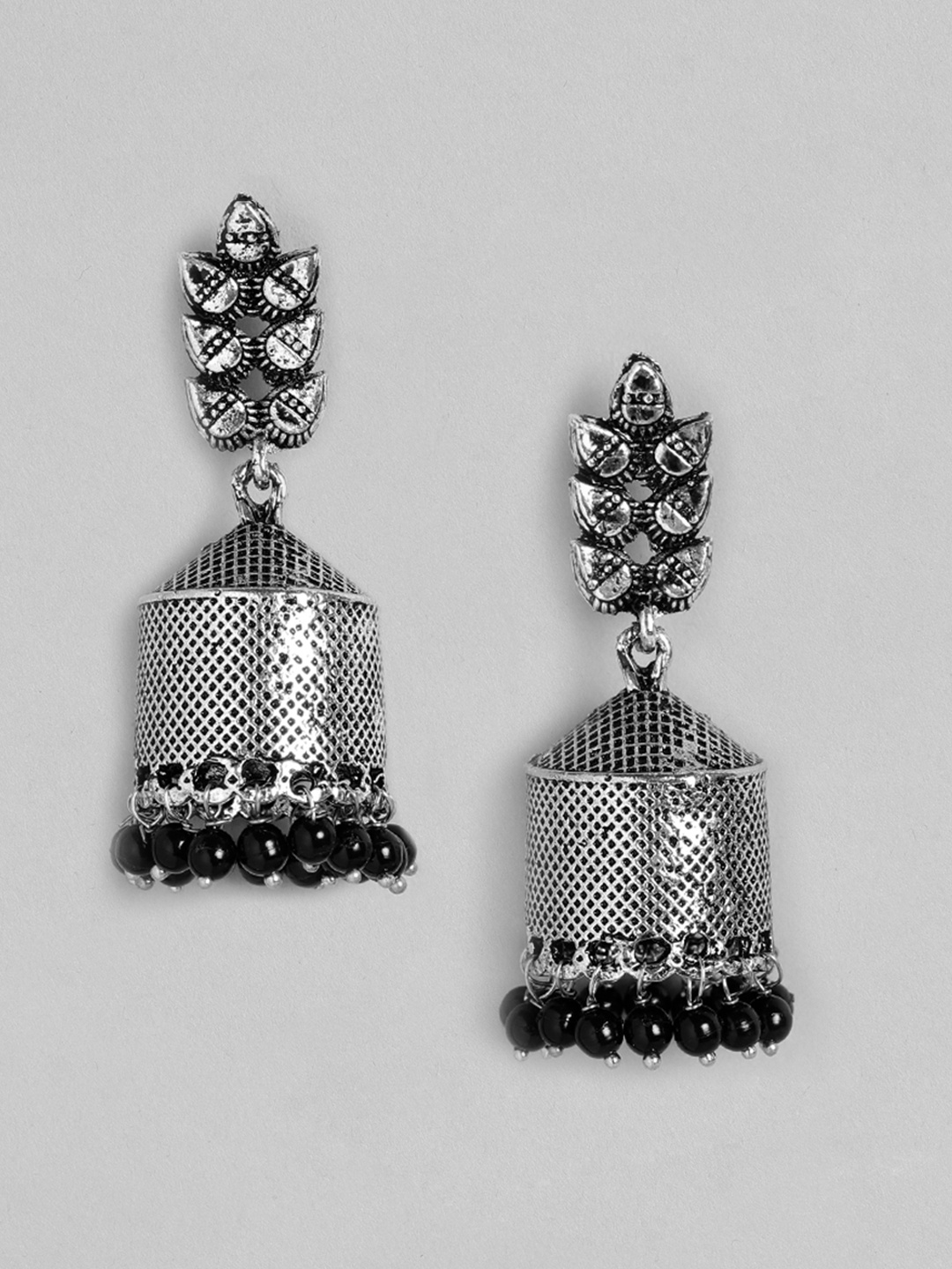 

Anouk Black Oxidised Silver-Plated Beaded Dome Shaped Jhumkas Earrings