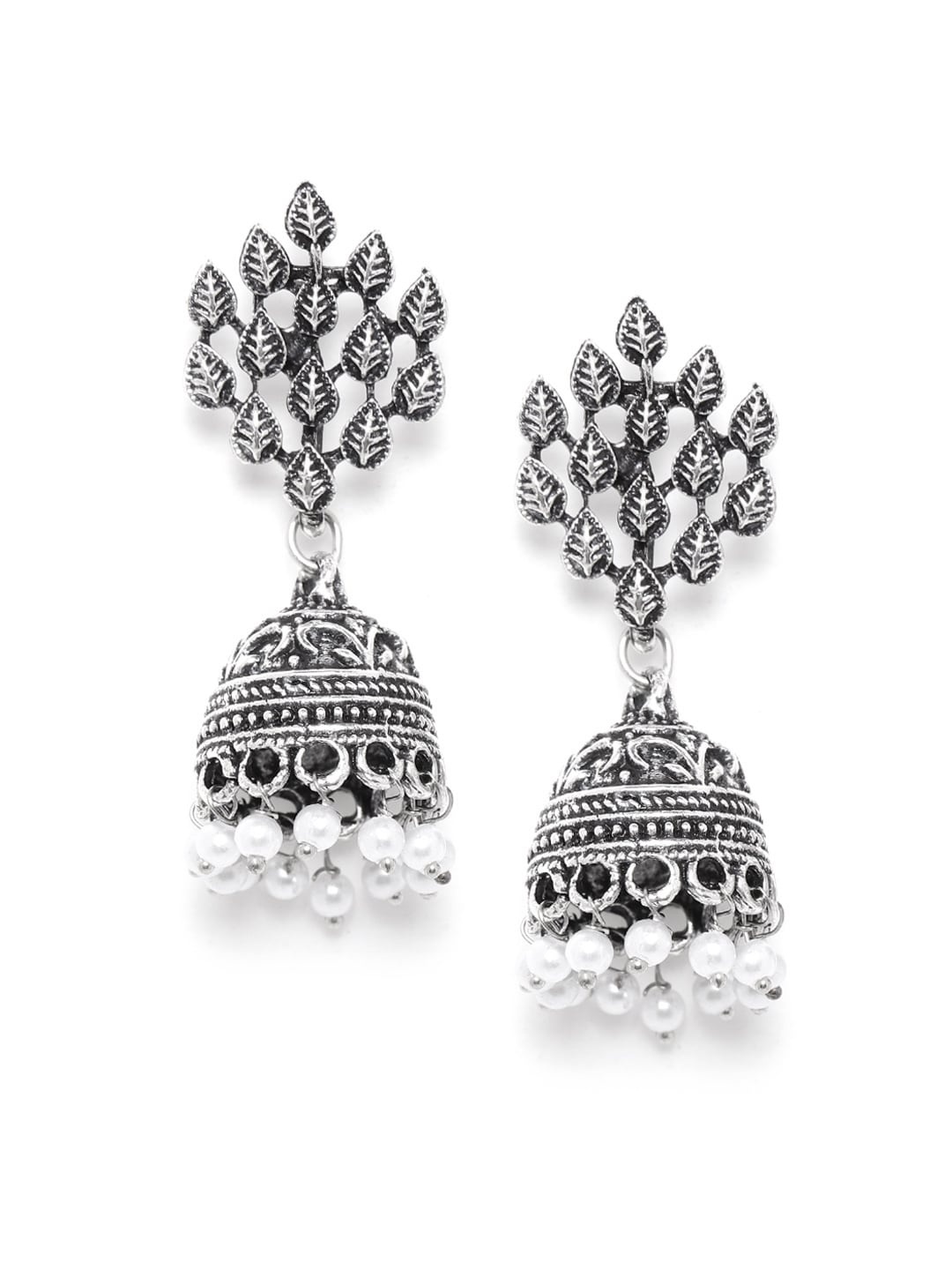 

Anouk Oxidised Silver-Plated Textured Beaded Dome Shaped Jhumkas Earrings