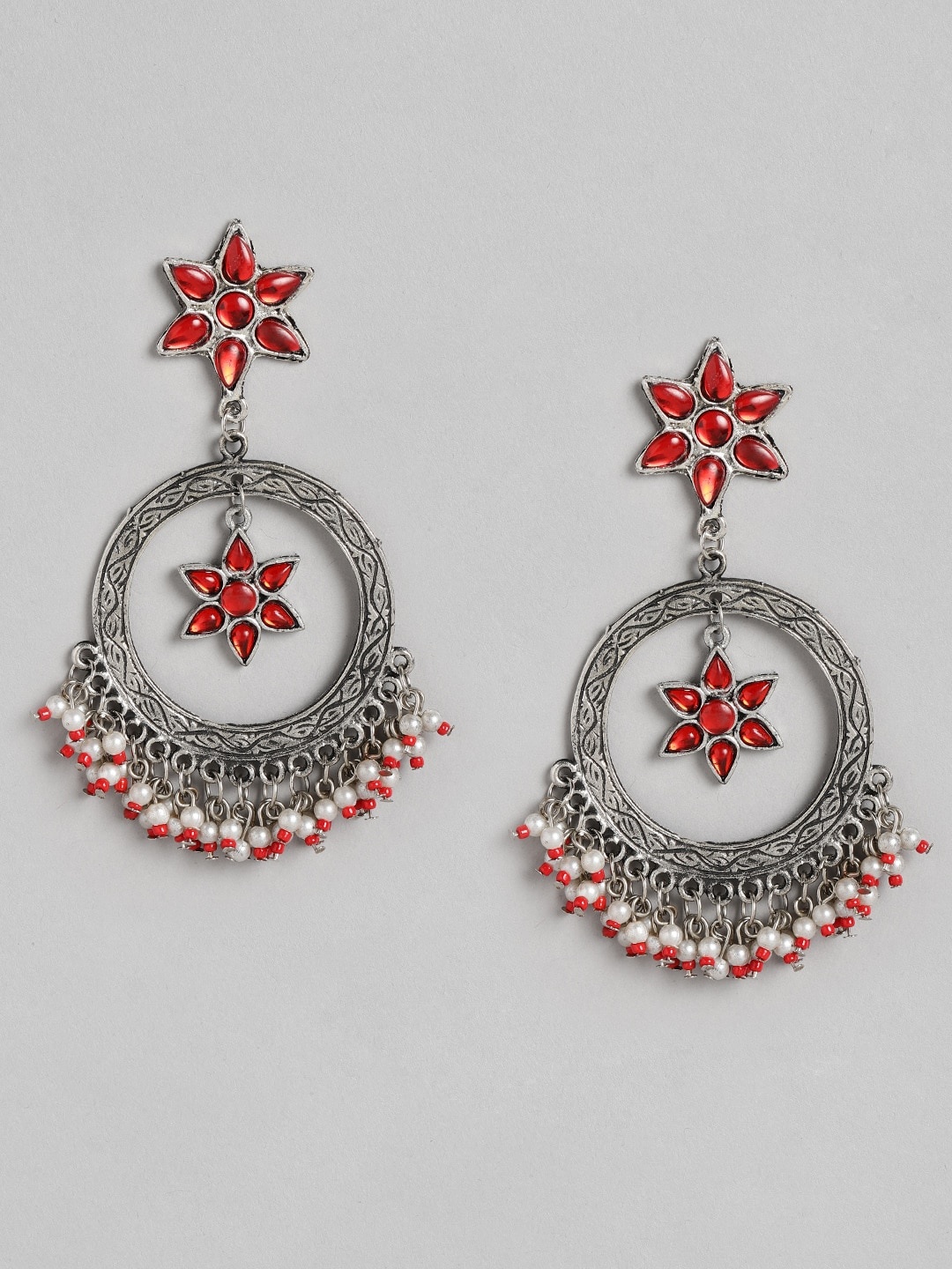 

Anouk Red Oxidised Silver-Plated Stone-Studded Beaded Circular Drop Earrings