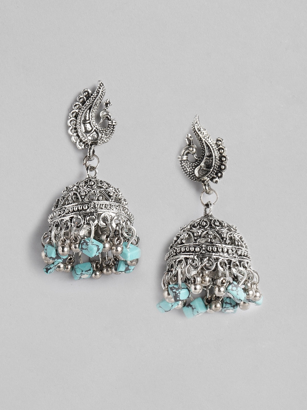 

Anouk Blue Oxidised Silver-Plated Beaded Dome Shaped Jhumkas