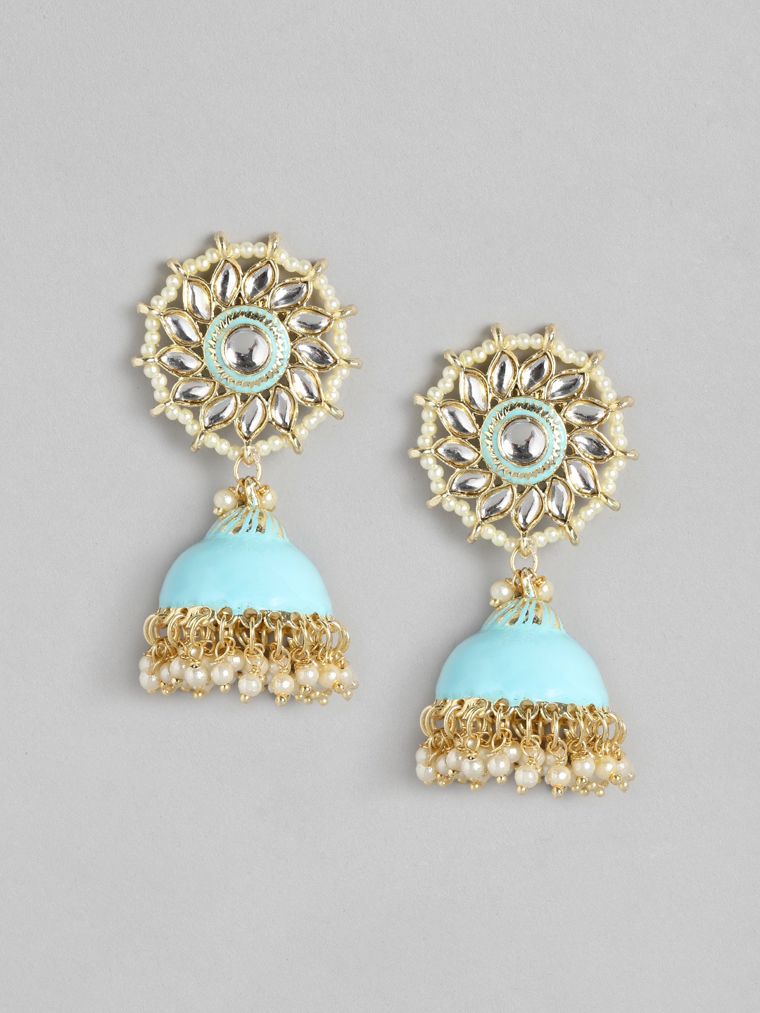 

Anouk Blue Gold-Plated Stone-Studded & Beaded Enamelled Dome Shaped Jhumkas