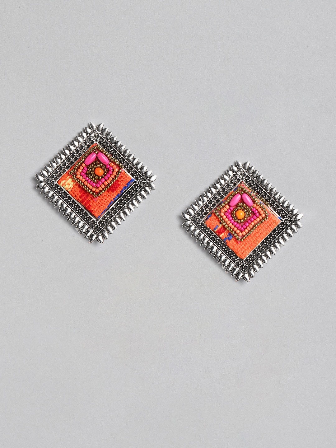 

Anouk Orange Oxidised Silver-Plated Embroidered & Beaded Diamond Shaped Drop Earrings