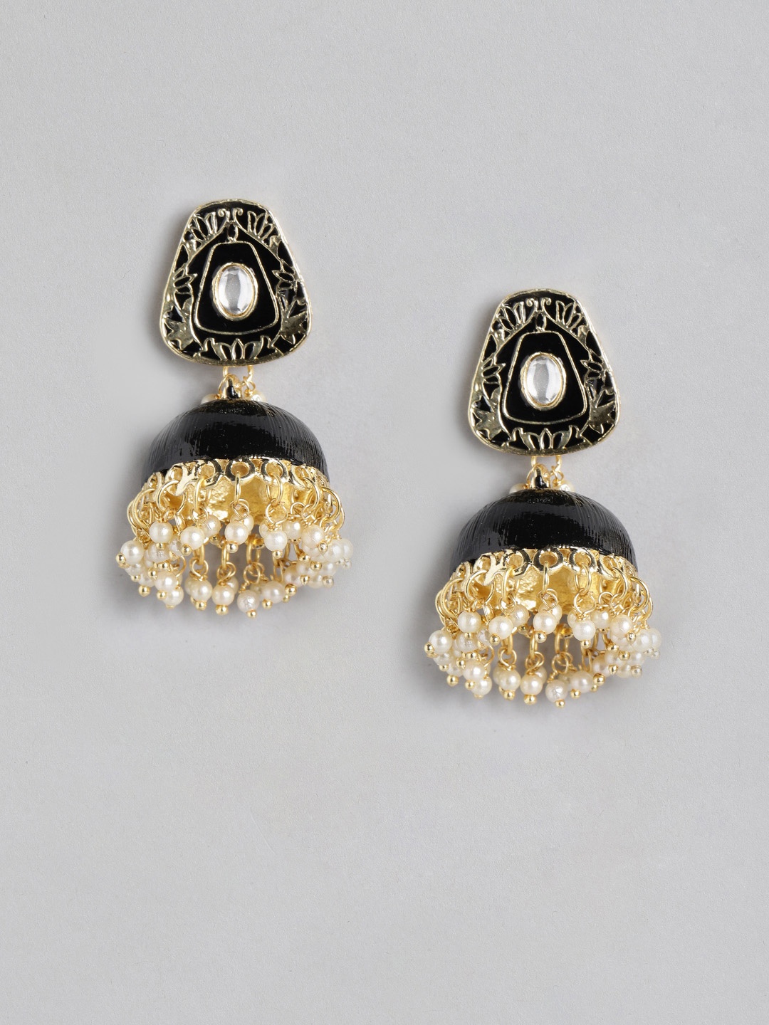 

Anouk Black Gold-Plated Enamelled Stone-Studded & Beaded Dome Shaped Jhumkas