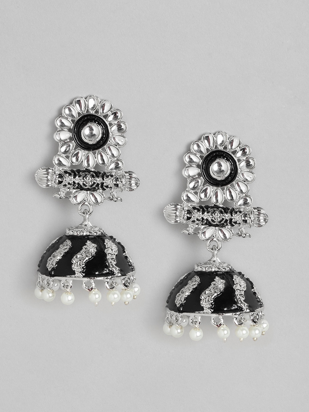 

Anouk Black Silver-Plated Hand Painted Beaded Dome Shaped Jhumkas