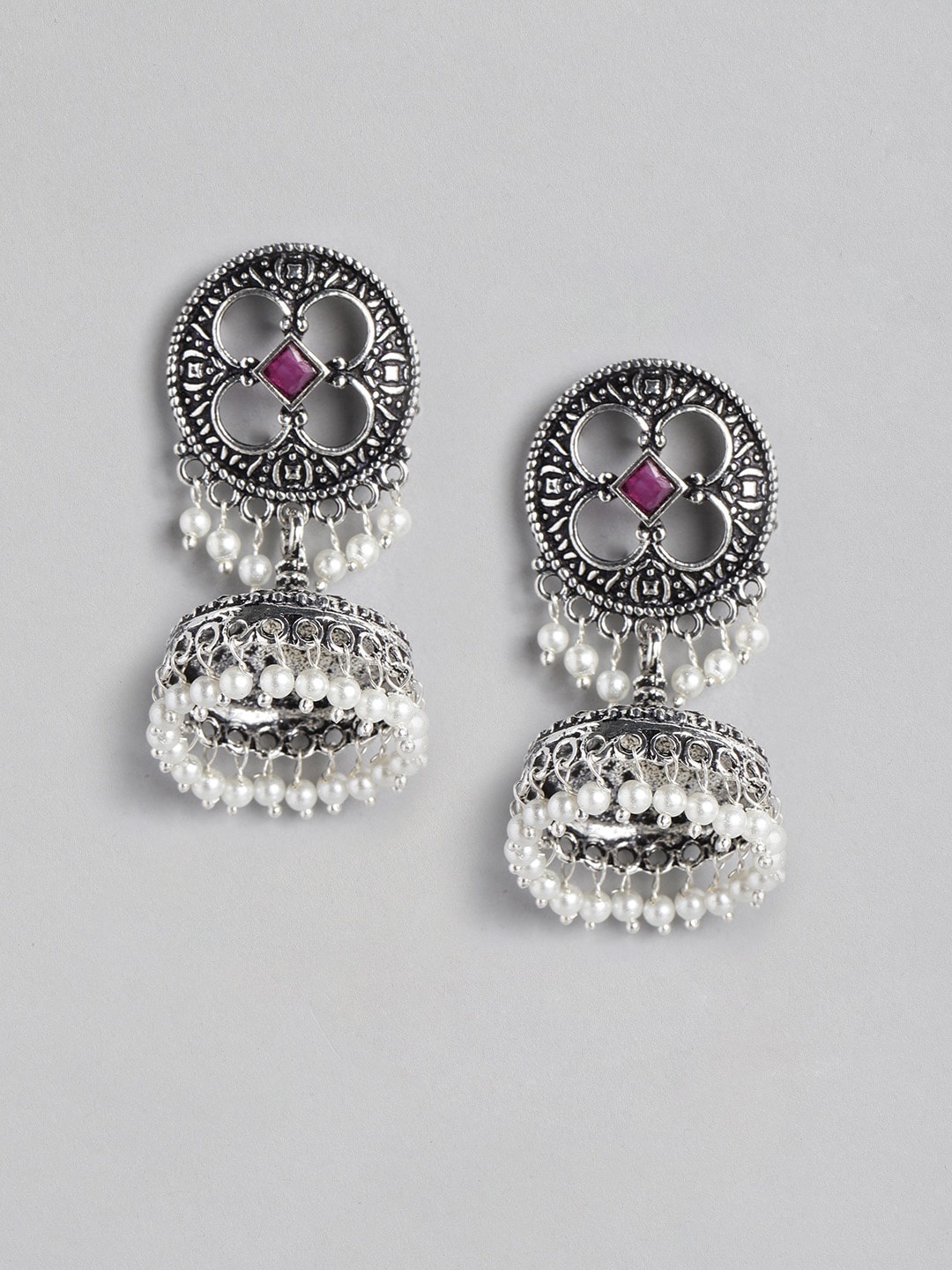 

Anouk White Oxidised Silver-Plated Beaded & Stone-Studded Textured Dome Shaped Jhumkas