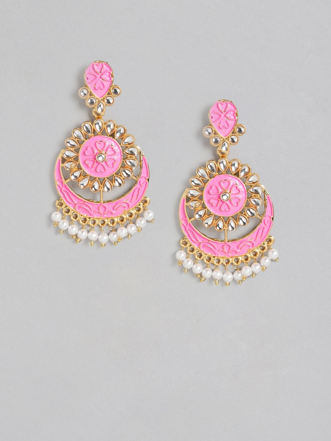 

Anouk Pink & Off-White Gold-Plated Stone-Studded Enamelled Crescent Shaped Chandbalis