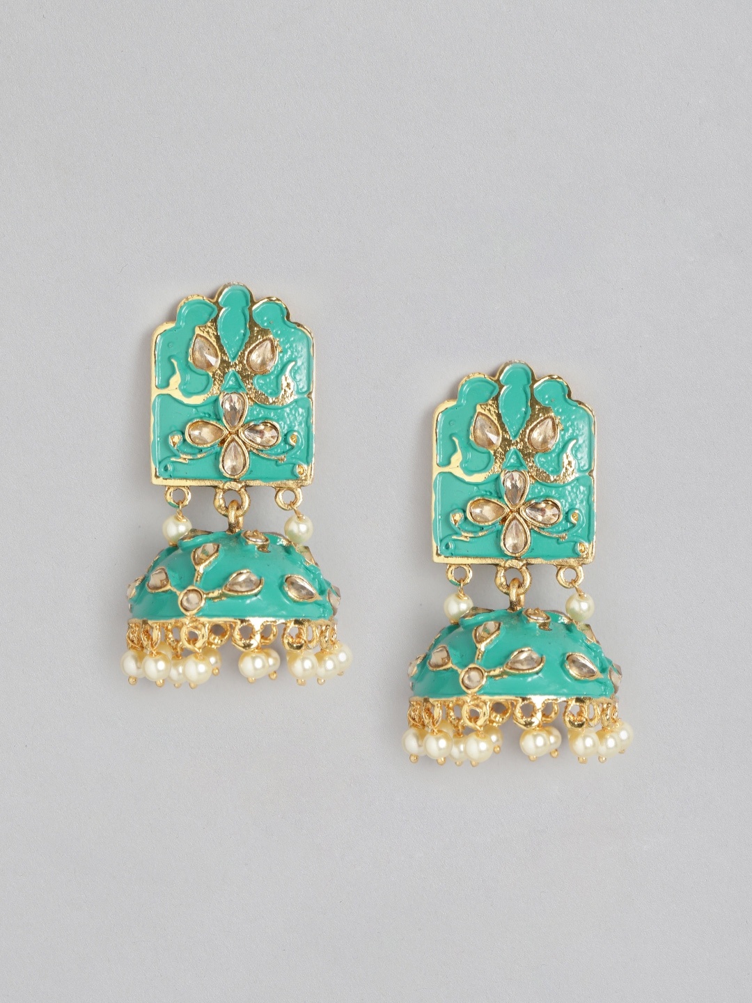 

Anouk Sea Green Gold-Plated Stone Studded & Beaded Dome Shaped Hand Painted Jhumkas