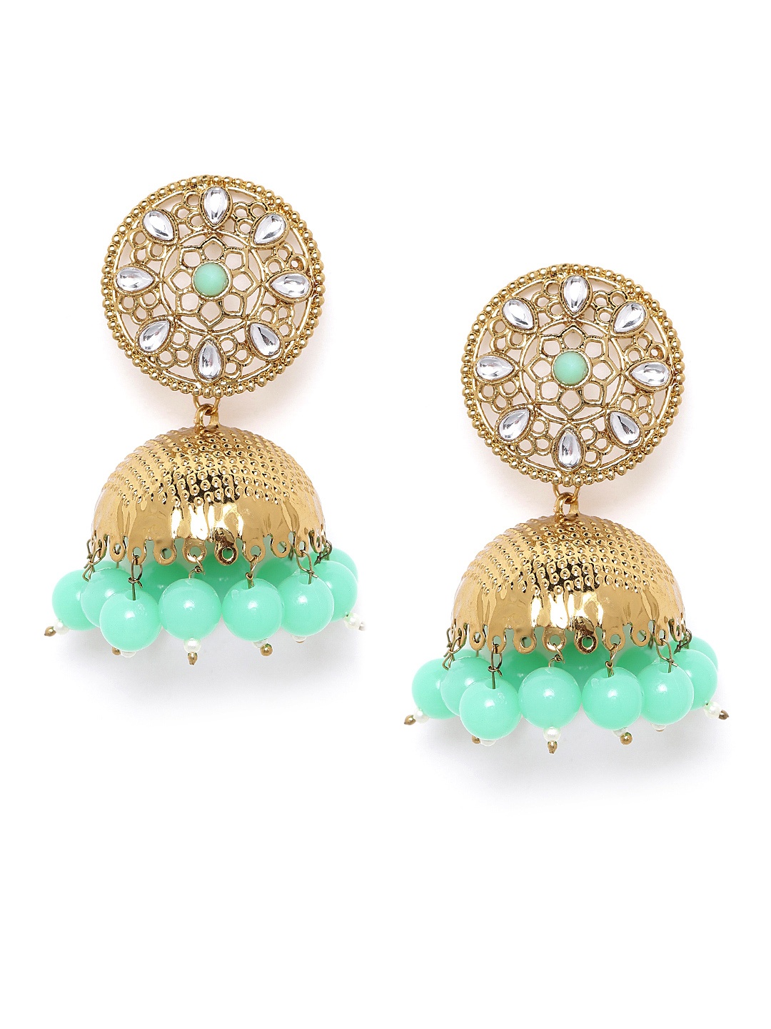 

Anouk Green Antique Gold-Plated Textured Beaded & Stone-Studded Dome Shaped Jhumkas