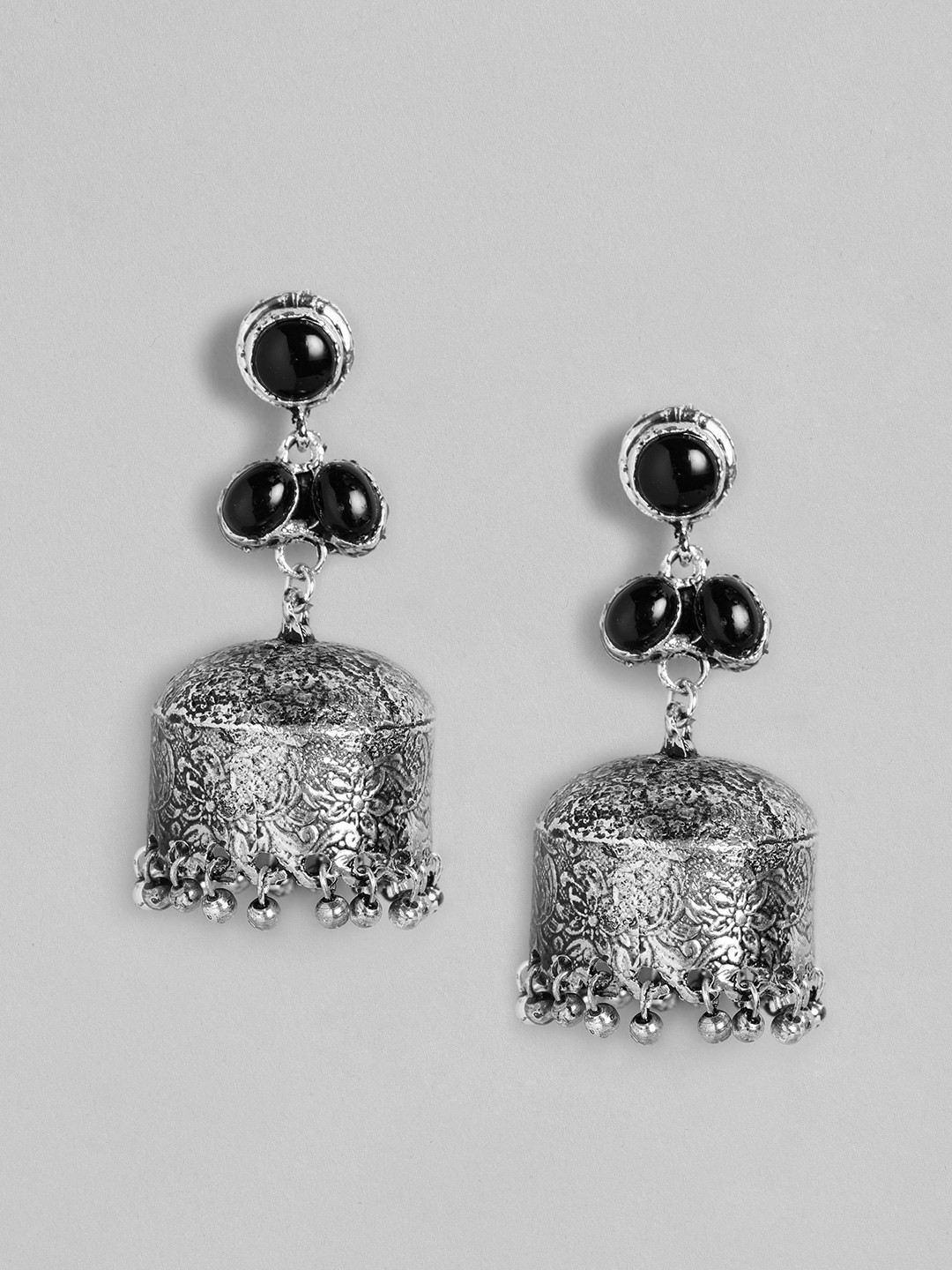 

Anouk Black Oxidised Silver-Plated Stone-Studded Dome Shaped Jhumkas Earrings