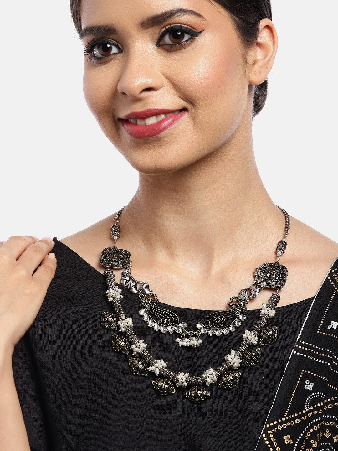 

Anouk Silver-Toned & Gold-Toned Oxidised Antique Studded & Beaded Layered necklace
