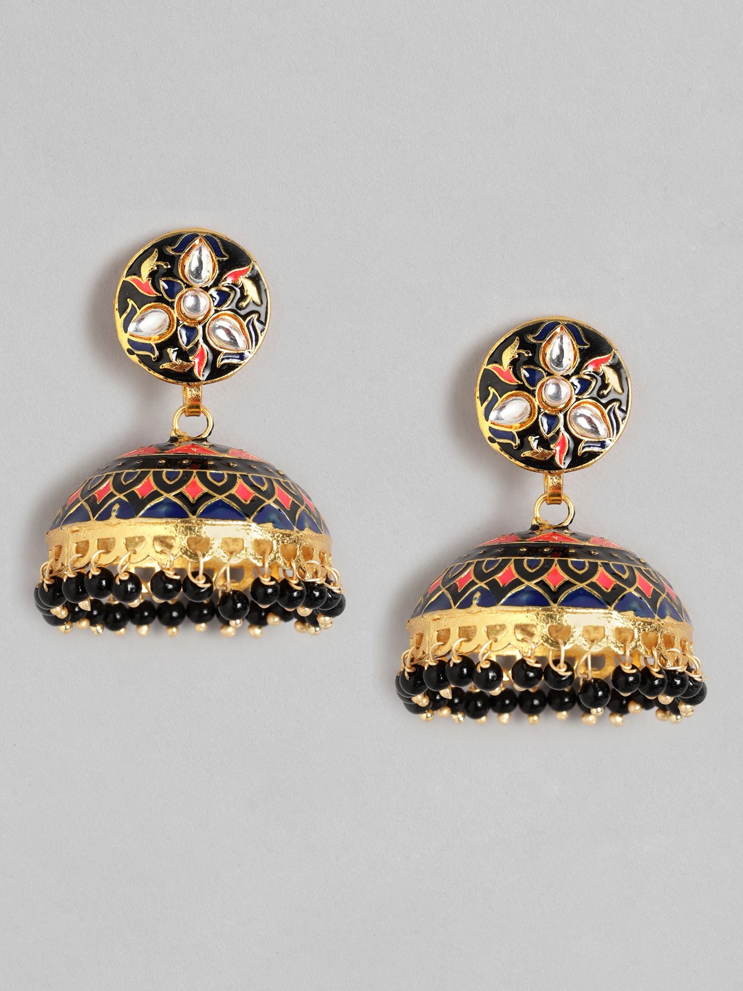 

Anouk Black & Orange Gold-Plated Stone Studded & Beaded Enamelled Dome Shaped Jhumkas