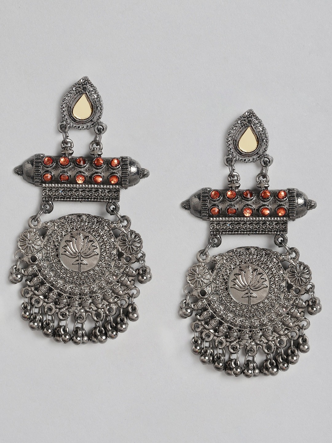 

Anouk Orange Oxidised Silver-Toned Mirror Classic Drop Earrings