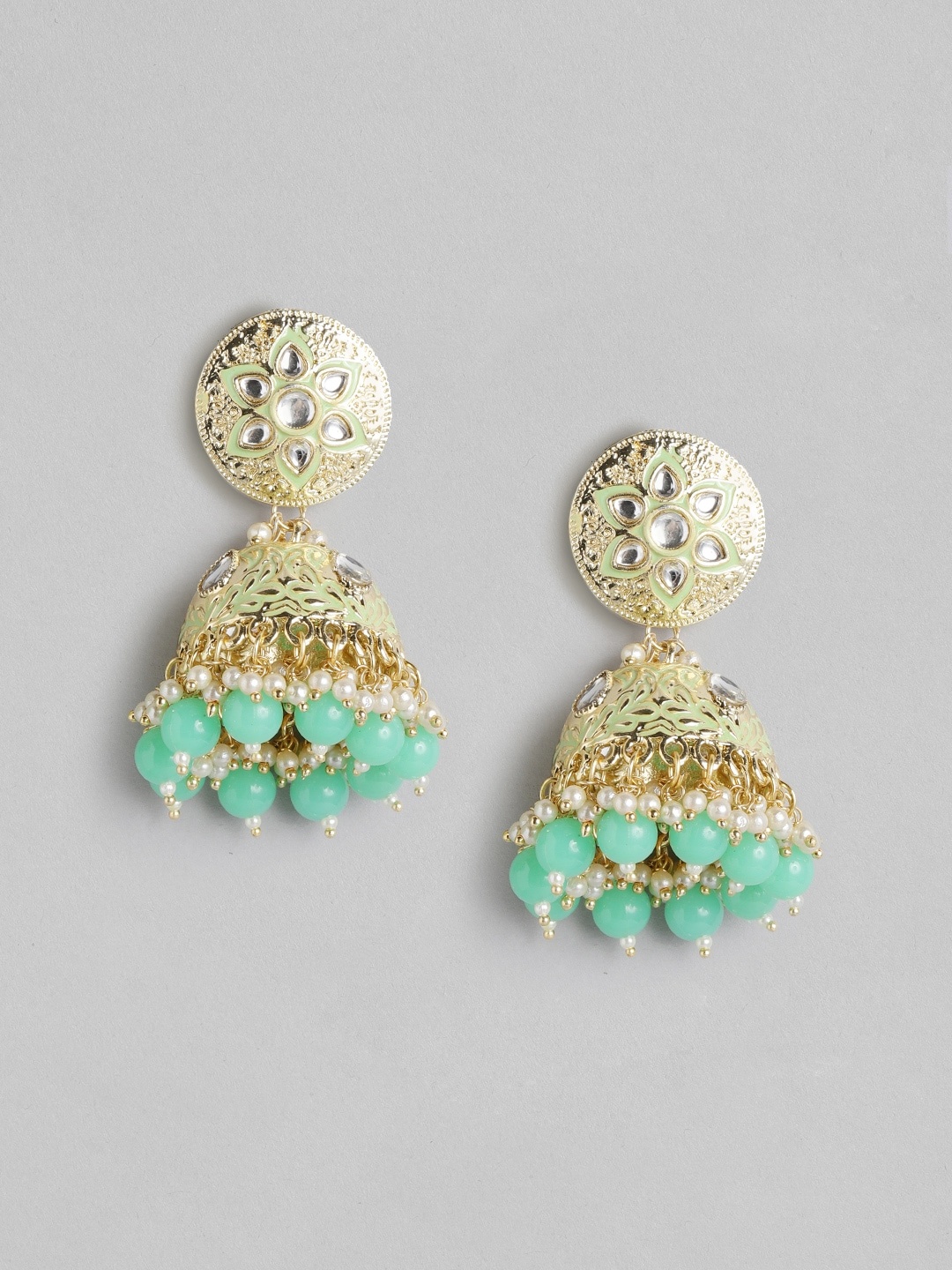 

Anouk Green Gold-Plated Stone-studded Beaded Enamelled Dome Shaped Jhumkas