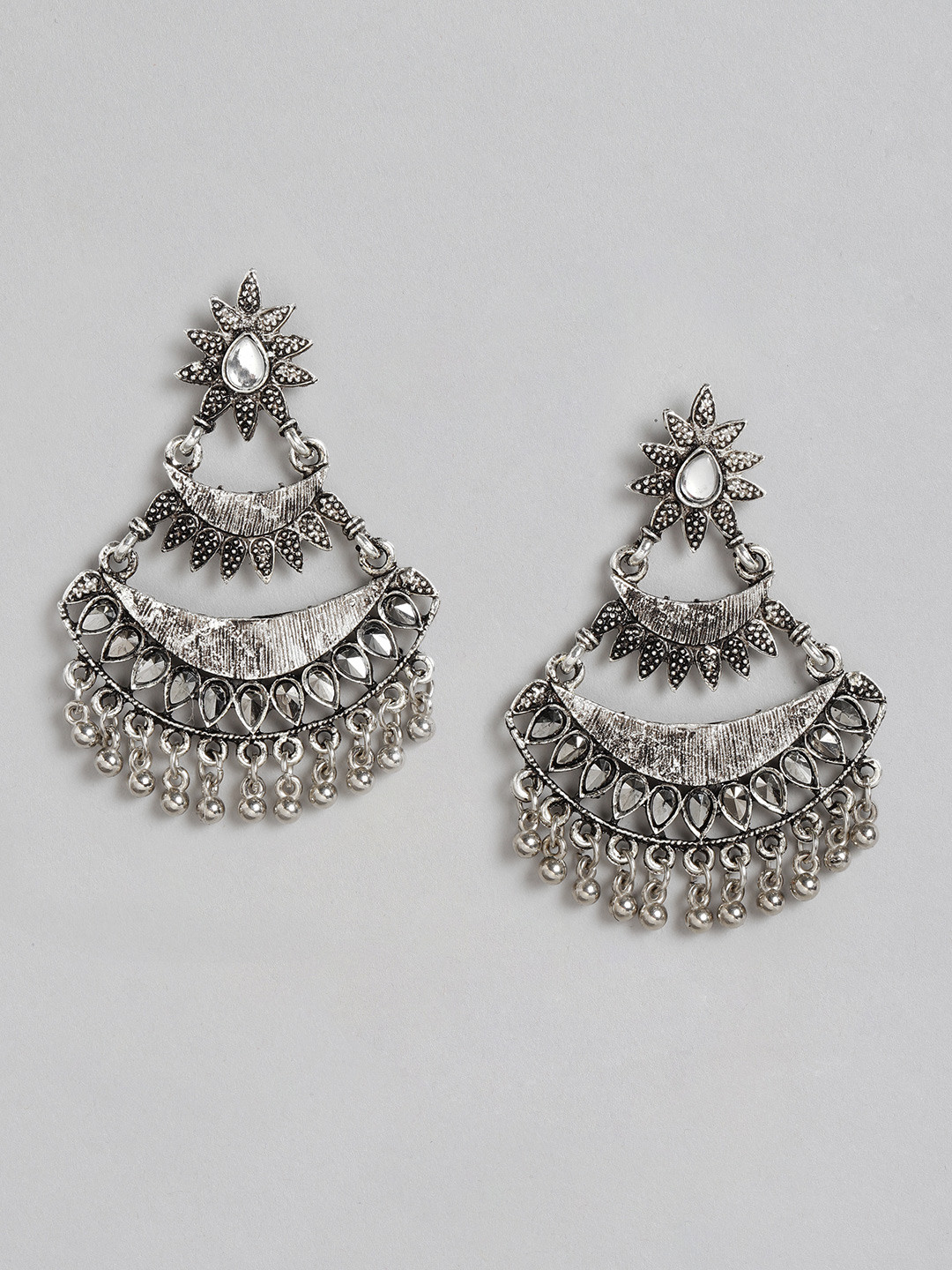 

Anouk Oxidised Silver-Plated Stone-Studded Classic Drop Earrings