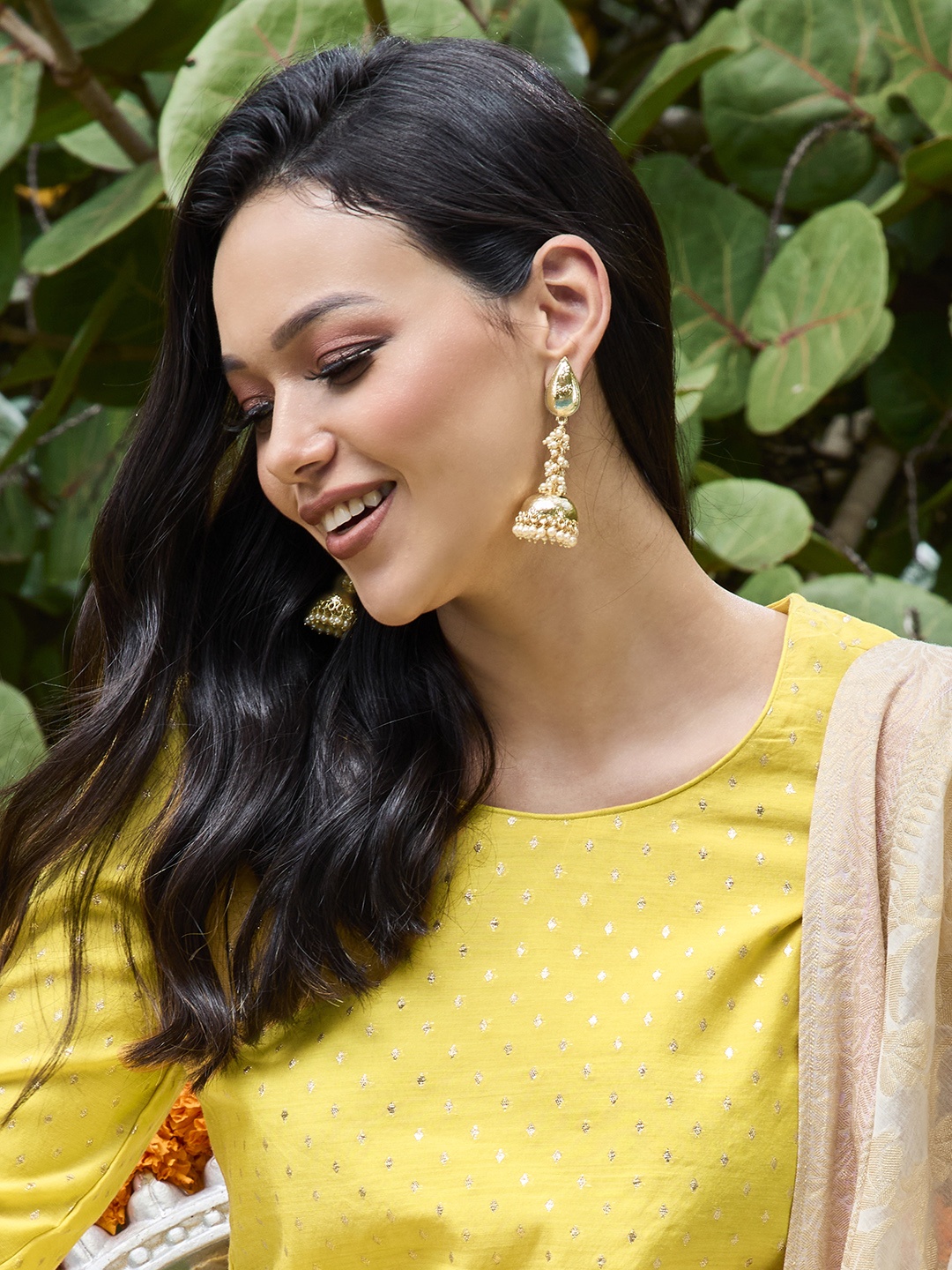 

Anouk Off-White Gold-Plated Beaded Dome-Shaped Lariat Jhumkas