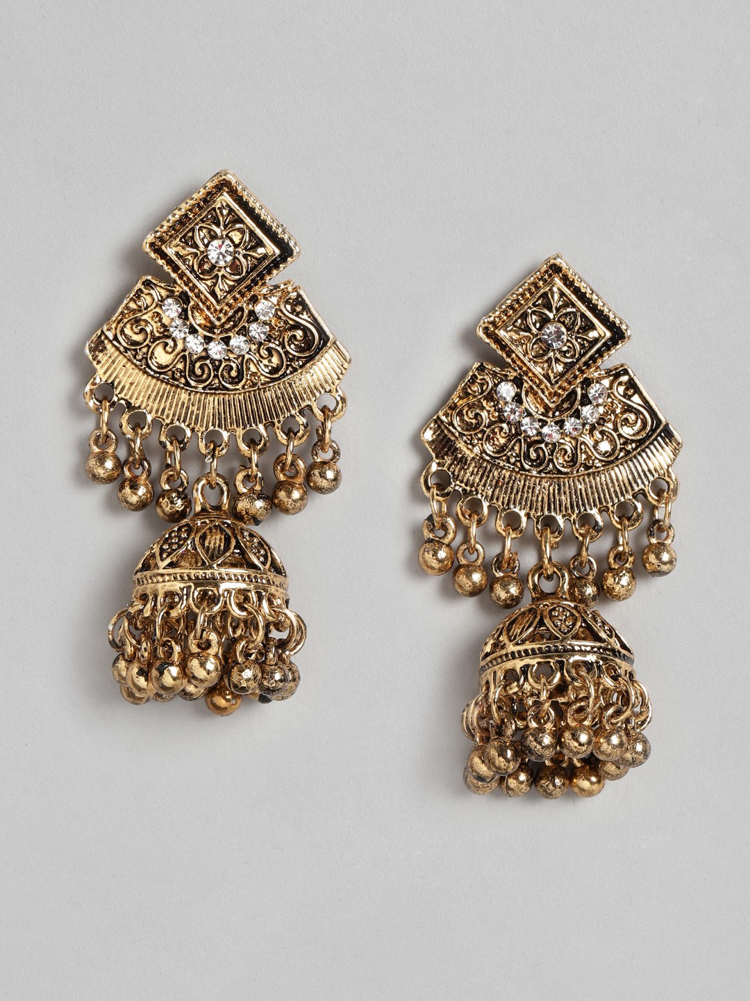 

Anouk Gold-Plated Antique Textured Stone Studded Dome Shaped Jhumkas