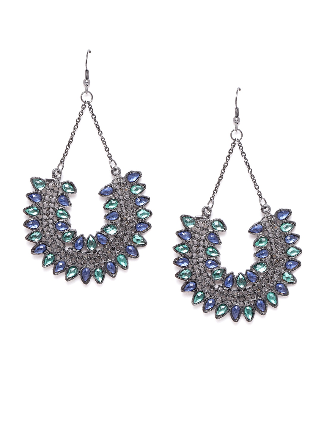 

Anouk Gunmetal-Toned & Blue Stone-Studded Classic Drop Earrings, Metallic