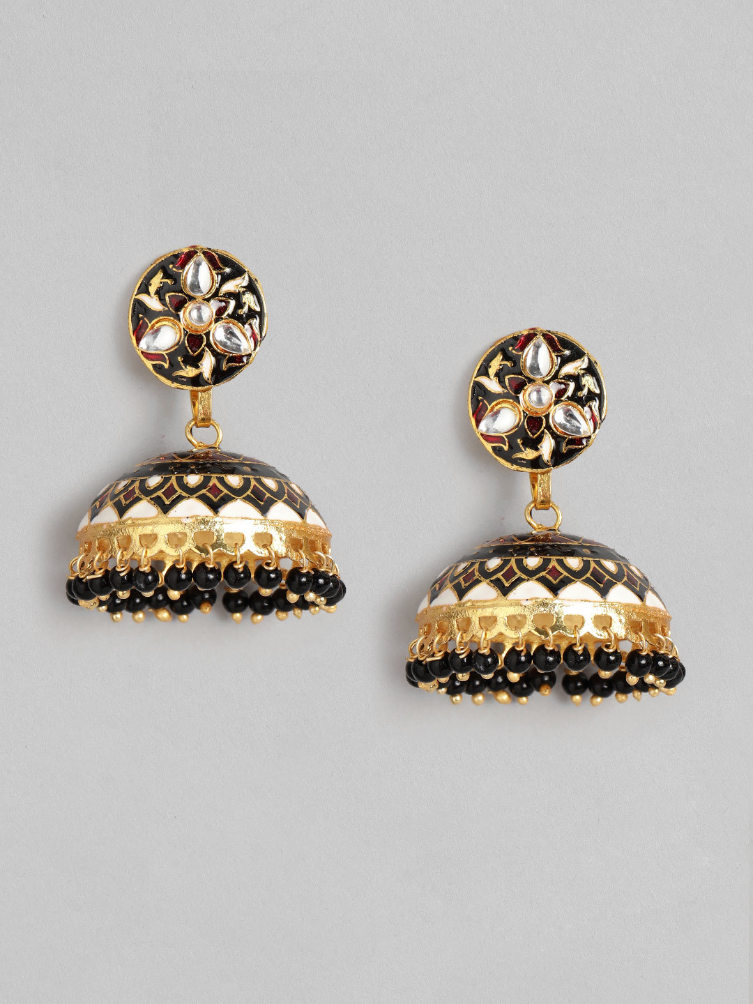 

Anouk Black & White Gold-Plated Enamelled Stone-Studded Beaded Dome Shaped Jhumkas