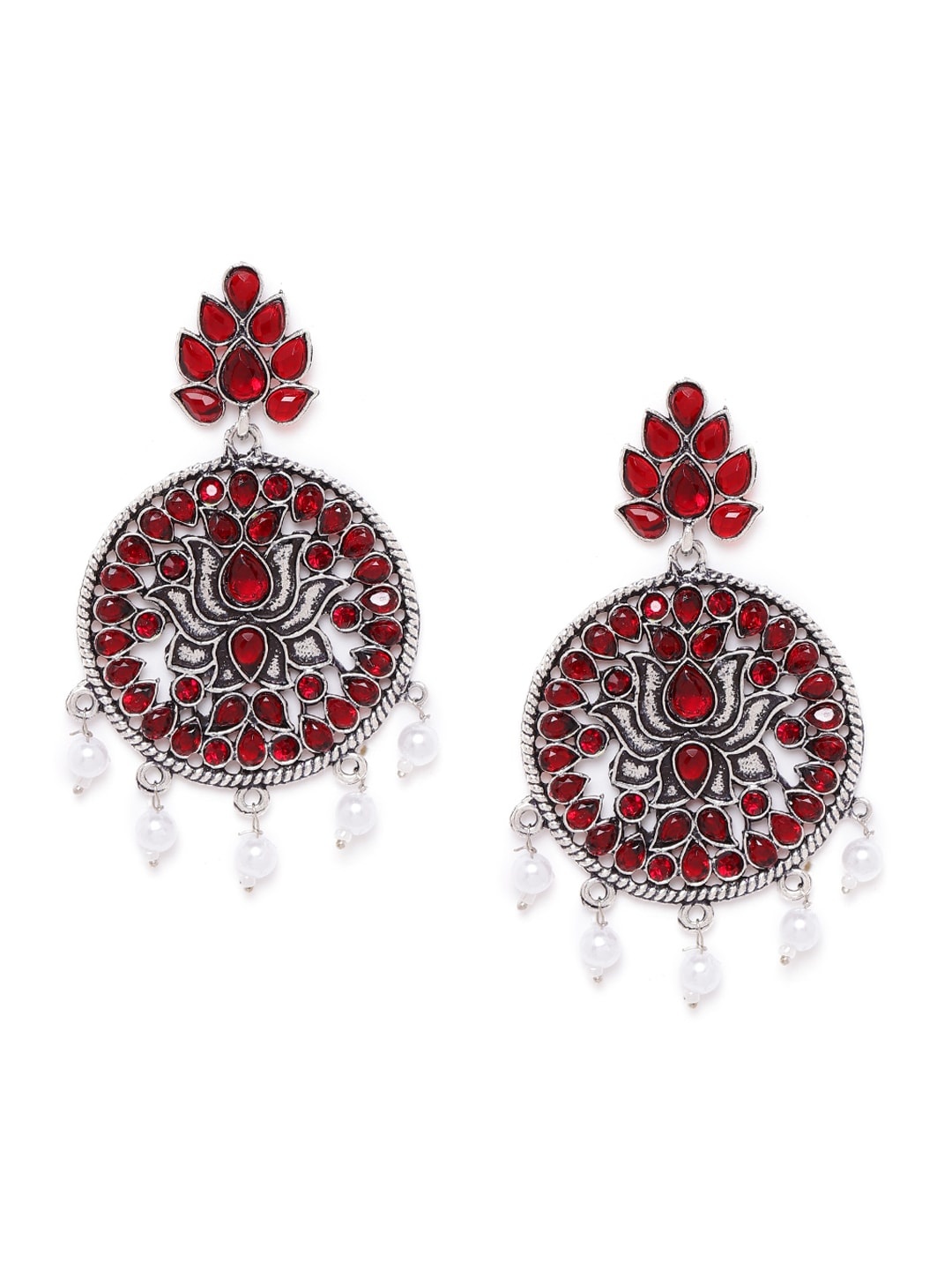 

Anouk Red Oxidised Silver-Plated Stone-Studded Lotus-Shaped Circular Drop Earrings