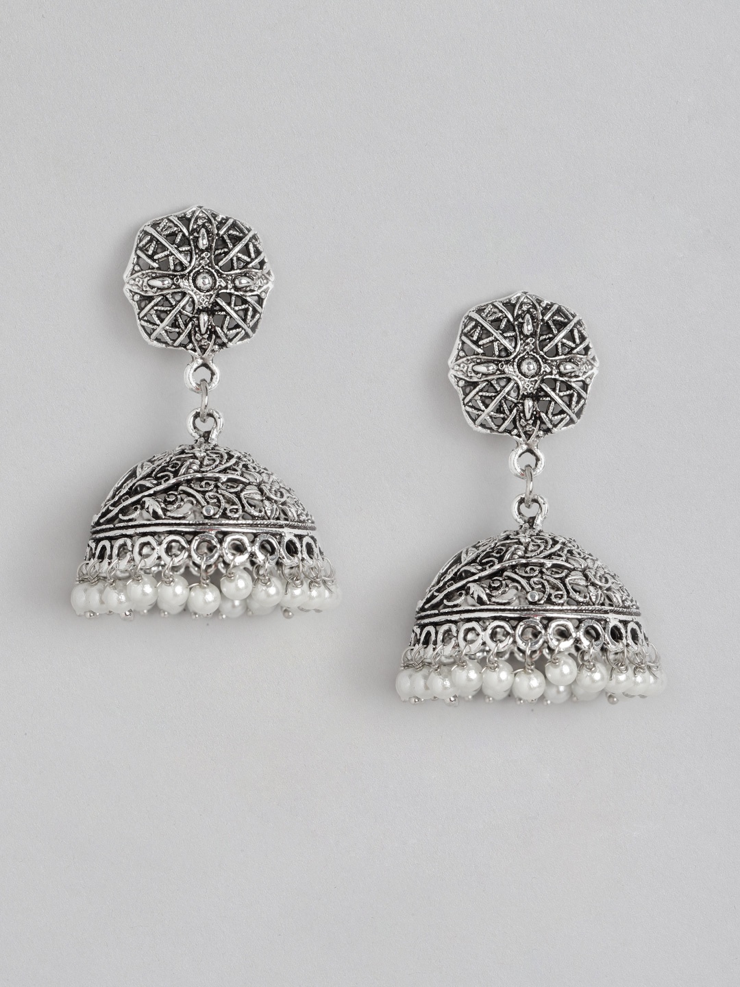 

Anouk Oxidised Off White Silver-Toned Beaded Dome Shaped Jhumkas