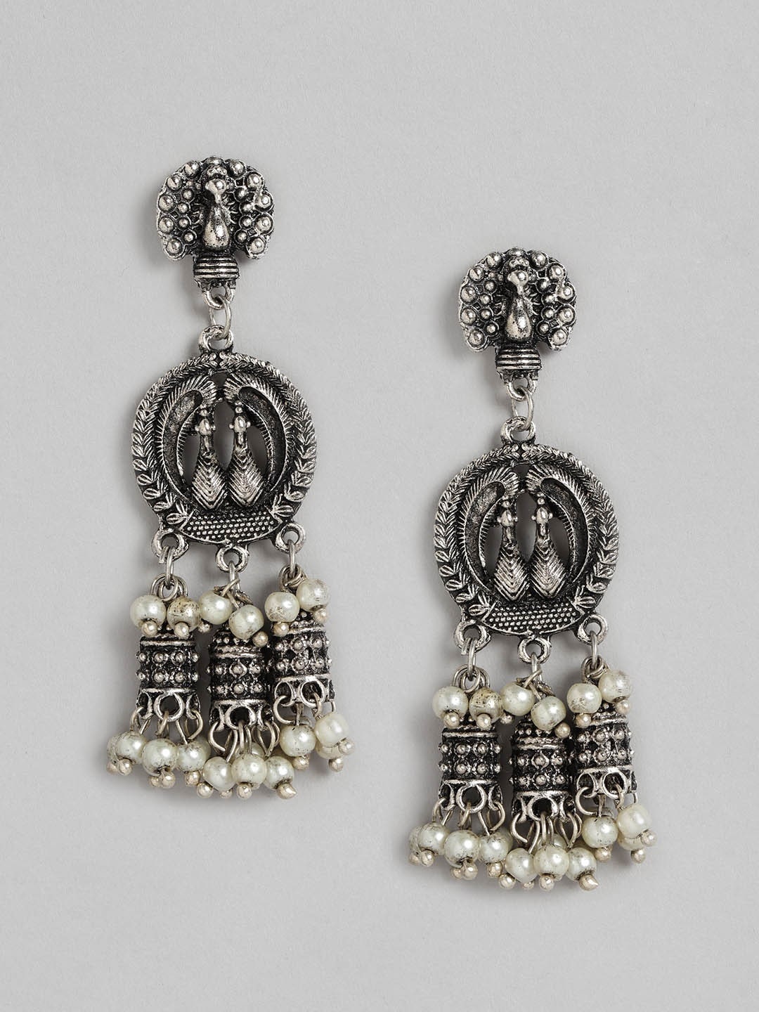 

Anouk Oxidised White Silver-Plated Textured Beaded Peacock Shaped Drop Earrings