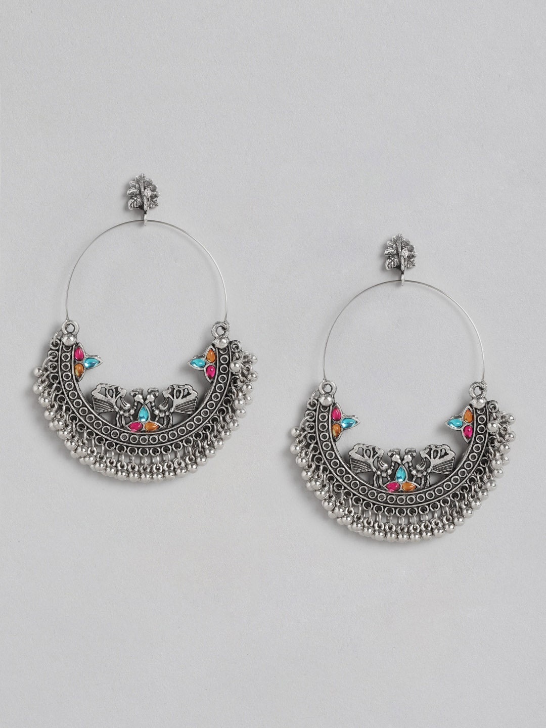 

Anouk Blue & Pink Oxidised Silver-Plated Stone Studded Crescent Shaped Chandbalis