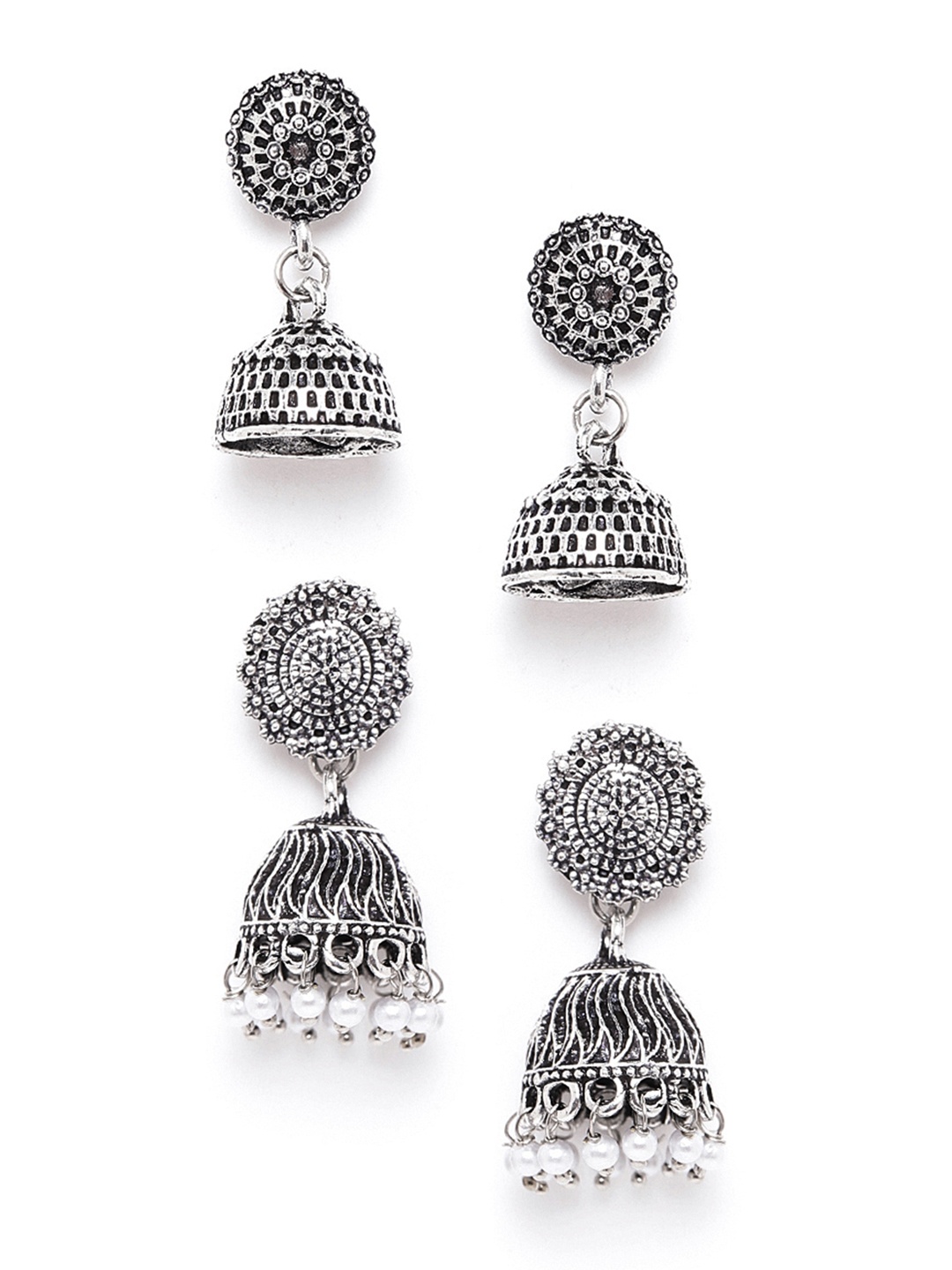 

Anouk Set of 2 Oxidised Silver-Plated Textured Dome-Shaped Jhumkas