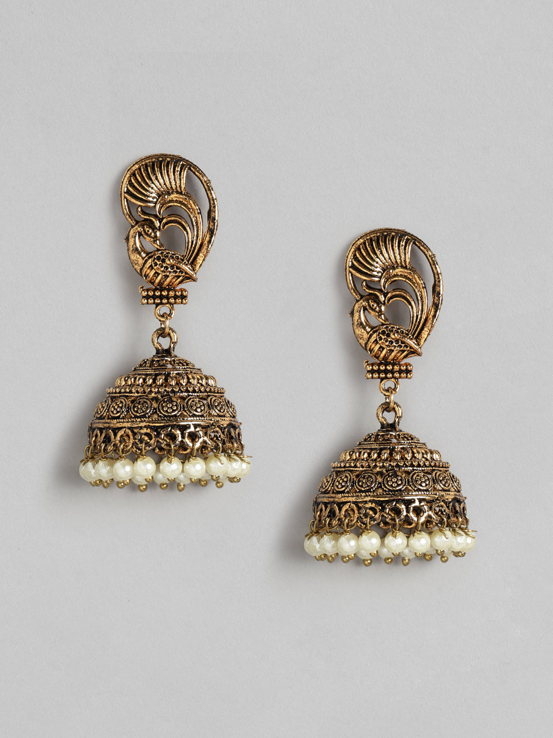 

Anouk Antique Off-White Gold-Plated Beaded Textured Dome Shaped Jhumkas