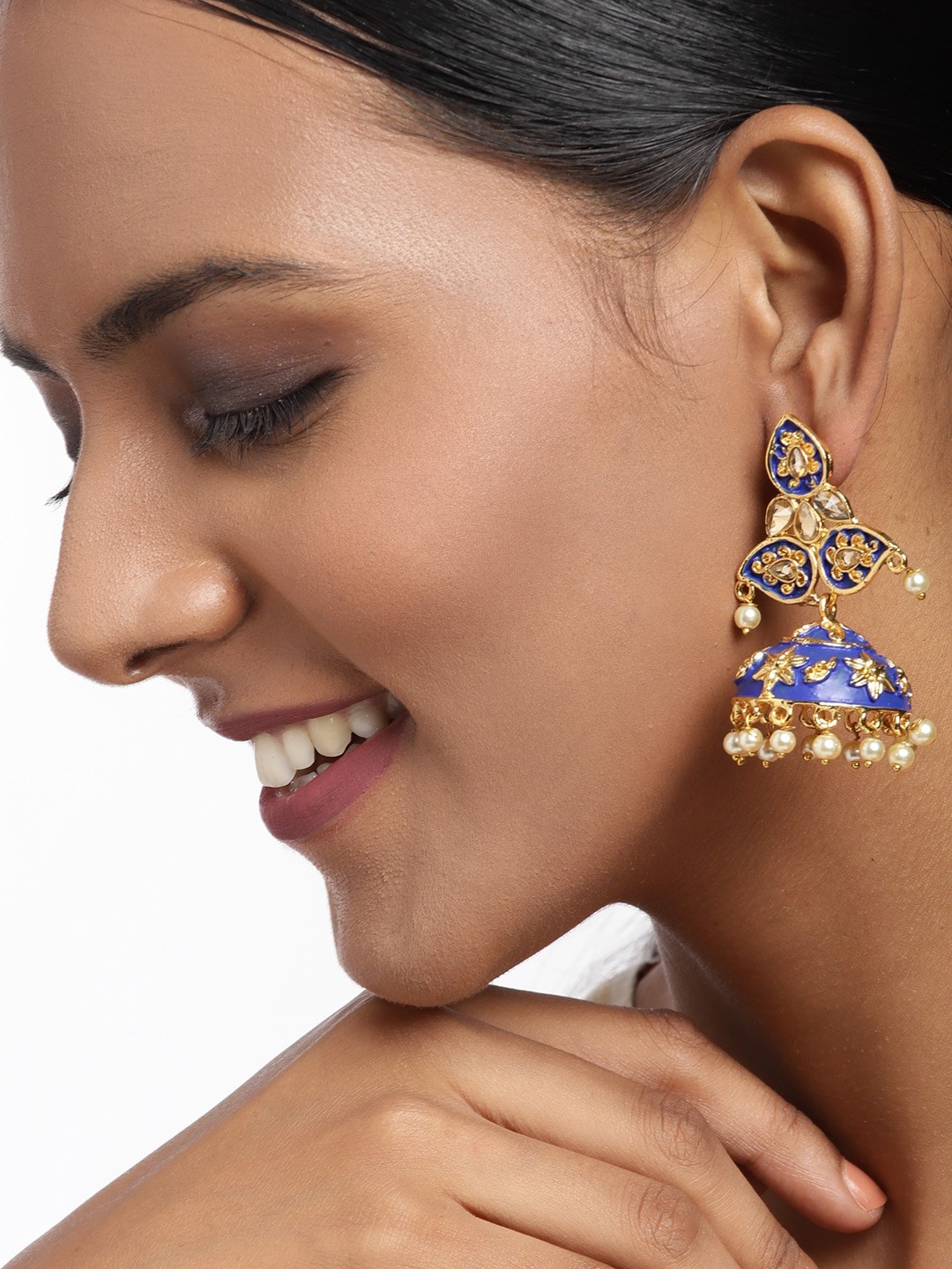 

Anouk Blue Gold-Plated Stone Studded & Beaded Dome Shaped Hand Painted Jhumkas